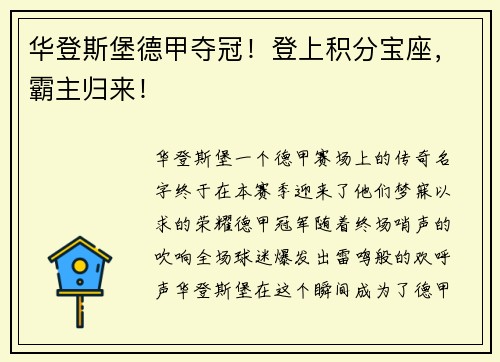 华登斯堡德甲夺冠！登上积分宝座，霸主归来！
