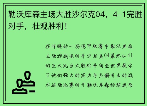 勒沃库森主场大胜沙尔克04，4-1完胜对手，壮观胜利！