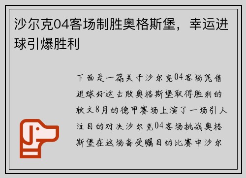 沙尔克04客场制胜奥格斯堡，幸运进球引爆胜利